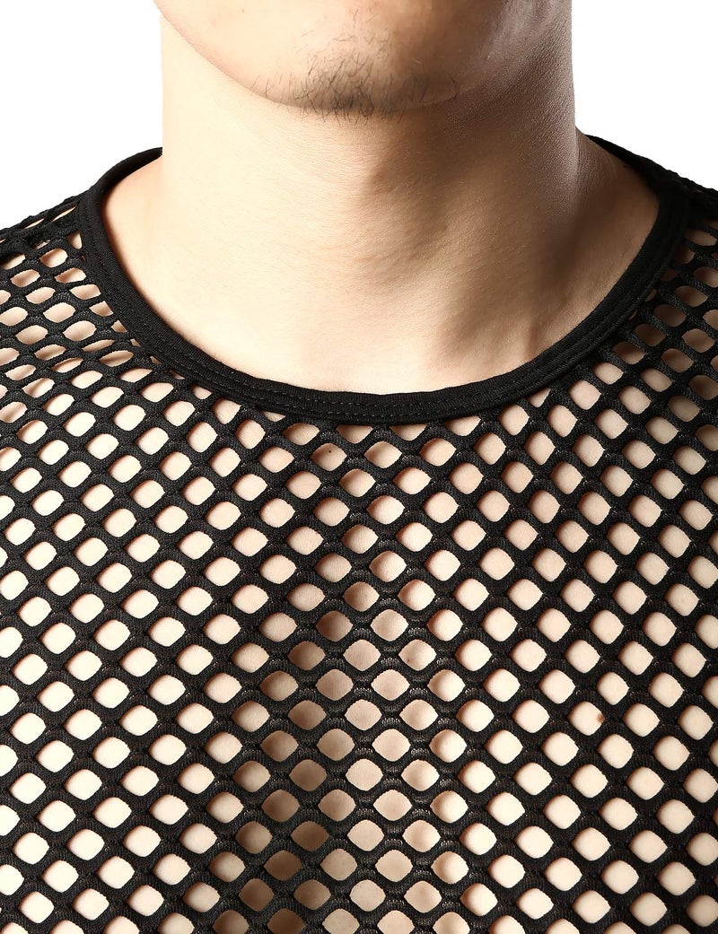 JOGAL Men's Mesh Fishnet Fitted Short Sleeve Muscle Top Small WG02 Black - Image 5